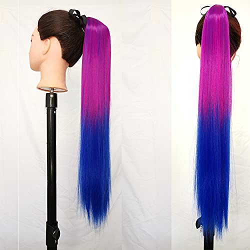Sylhair Long Straight Ponytail Extension 30 Inch Tie Up Hair Piece Hair Extension Wrap Around Synthetic Ponytail for Women(Rose Red Gradient Dark Blue)
