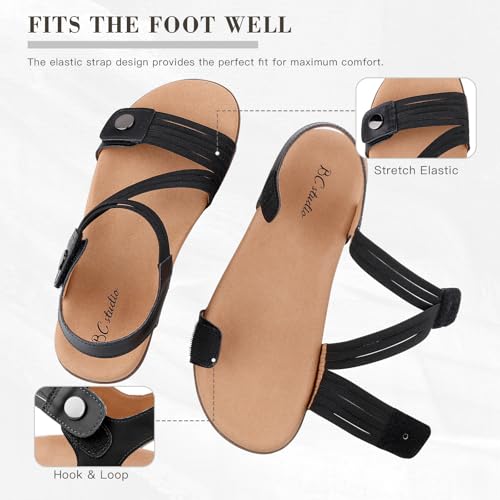 BCSTUDIO Women's Comfort Orthopedic Sandals with Arch Support Summer Walking Casual Flats Shoes, Black, Size 113