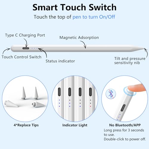 Image of COO Stylus Pen for iPad Pro Air Mini 2018-2025, Palm Rejection Fast Charge | Stylus Pen for iPad 10 /9 /8 /7 /6 Gen, iPad Pro 11 /12.9 inch, Air 7 /6 /5 /4 /3 Gen, Mini 6 /5 Gen