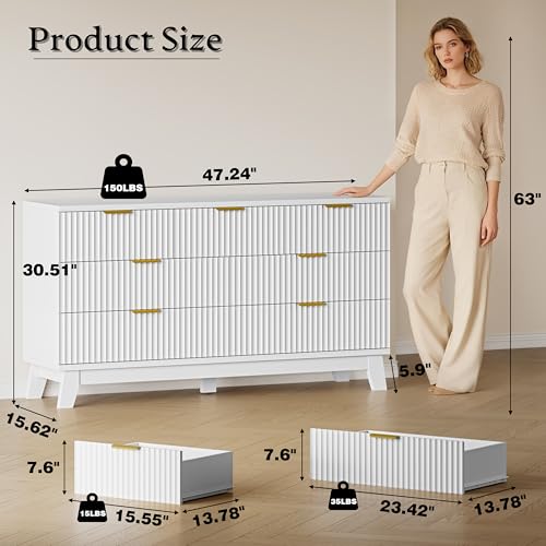 Image of BORNOON Fluted 7 Drawer Dresser, 47.2 inch Wide Modern Boho Chest of Drawers, Wooden Storage Dresser TV Stand for Bedroom, Living Room, Closet, Hallway, Curved Profile Design