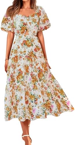 BTFBM Women's Clothing Spring Summer Dresses 2026 Beach Vacation Short Sleeve Smocked Back Boho Casual Floral Maxi Dress