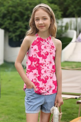 Image of BesserBay Girls Summer Back Button Halter Neck Tank Top Cold Shoulder Casual Blouse Pleated Sleeveless Shirts 5-14 Years