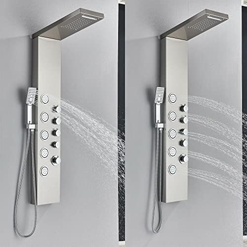Sistema de columna de ducha de acero inoxidable con cabezal de lluvia y cascada, sistema de grifería de 6 funciones con masaje de agua y jets corporales miniatura 3