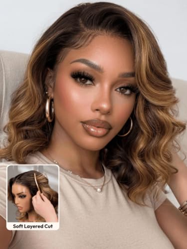 Image of Beauty Forever Glueless Bob Wig Human Hair 13x4 HD Lace Front Body Wave Drawstring Wig Chocolate Brown with Golden Highlights Pre Plucked Pre Cut French Bob 150% Density Ready to Wear 10inch