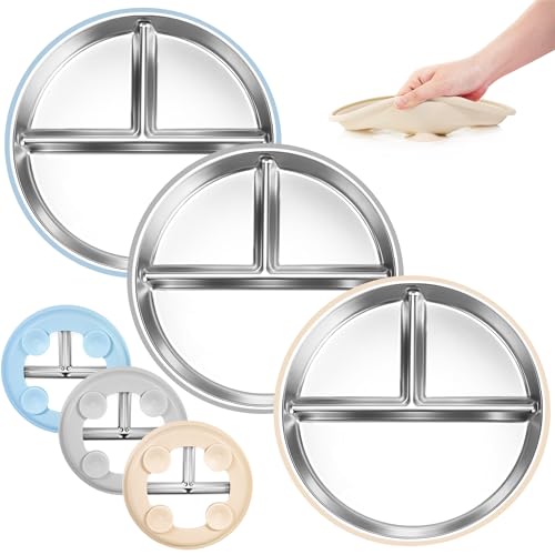 Image of Bella's Friends Stainless Steel Toddler Plates Silicone Suction,3 Packs Non-Slip Baby Plates,Divided Portion,Food-Grade Silicone Plate for Kids,LEAD-FREE Dishwasher Safe, Blue Gray Beige