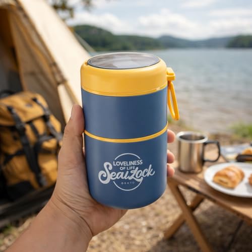 Image of Insulated Stackable Bento Lunch Box, 780ml Double Layer 304 Stainless Steel Thermal Food Jar with Foldable Spoon for Hot & Cold Meals, Leakproof Container for Kids & Office - Blue /Yellow