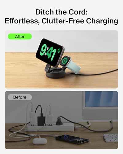Image of Belkin MagSafe Charger Compatible, 2-in-1 Wireless Charging Station, Qi2.2 25W Convertible Magnetic Charger for iPhone 17, Apple Watch Series 10, Google Pixel 10, and More (45W Adapter Included)