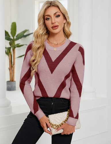 Image of Libsorge Womens Dressy Casual Color Block Striped Sweater Fall 2025 Trendy Outfits Lightweight Ribbed Knit Pullover Top