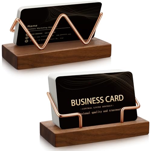 Amyhill 2 Pieces Wood Business Card Holder for Desk Wooden Business Card Display Stand Postcard Holder for Office Home Desktop (Walnut Color, Rose Gold)