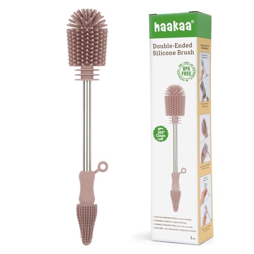 Image of Haakaa Silicone Cleaning Brush for Baby Bottles & Crevices, Pink,1PK | Double-Ended Bottle Brush for Breast Pumps, Milk Collectors, Nipples and Breastmilk Storage Bags, Food-Grade Silicone