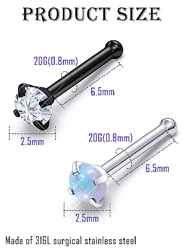 Surgical Steel Nose Ring 20G - Hypoallergenic Nose Studs With Cute Flat Opal Flower Diamond Heart - Straight L Shaped Purple, Pink, Black, Silver for Women Men Gift3