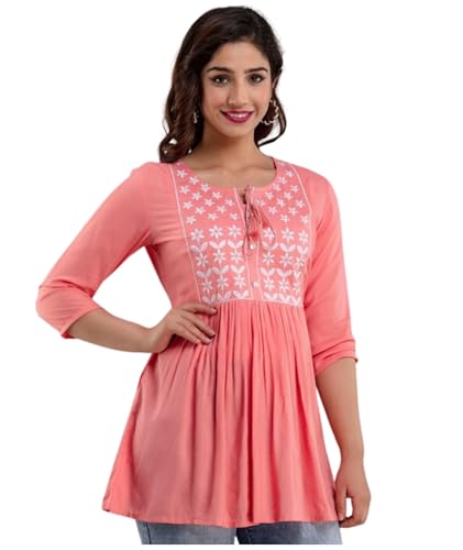 Image of Avayayat Women's Rayon Classic Heavy Embroidery Top with Beautifull Tassels at Front and on Both Sleeves Regular Fit Office Wear Festival Tunic Jeans Summer