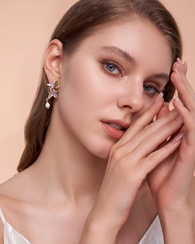 Gold Enamel Dainty Chunky Enamel CZ Iris Floral Pearl Purple Green Leaf Orchid Statement Earrings for Women by SNGIA, Modern Bohemian Summer Beach Floral Handmade Drop Jewelry, Flower Maximalist Wedding Date Birthday Gift, Bold Exaggerated Sunflower Tropical Stud Trendy Jewelry, Golden Colorful Fashion Vacation Accessories, Vintage Thick Nickle Free Gifts.2