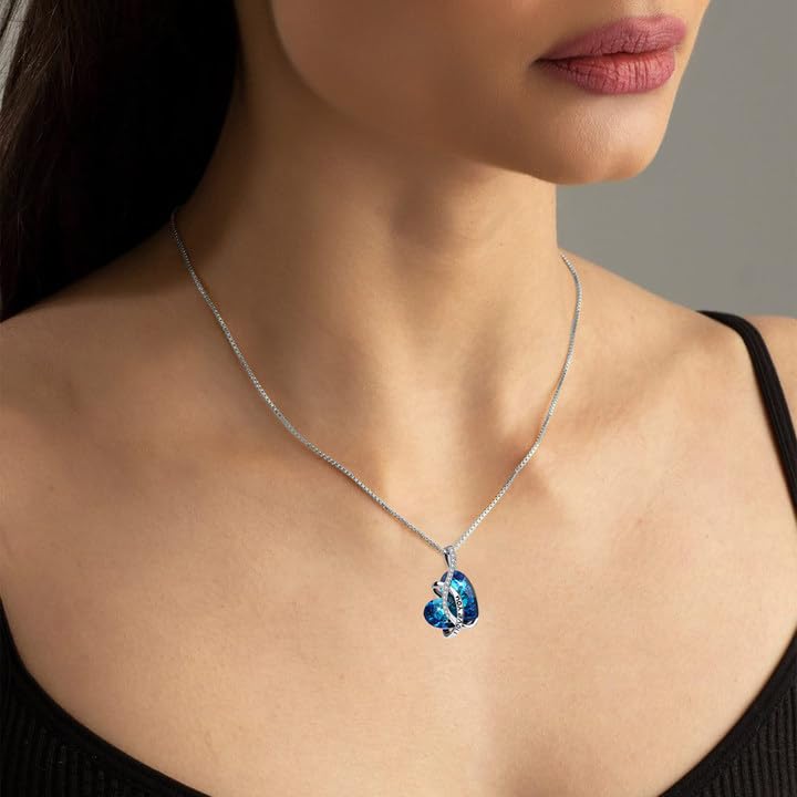 AOBOCO I Love You Sterling Silver 12 Birthstone Heart Pendant Necklace Embellished with Crystals from Austria, Mother's Day Anniversary Birthday Jewelry Christmas Gifts for Women Grandma Nana2