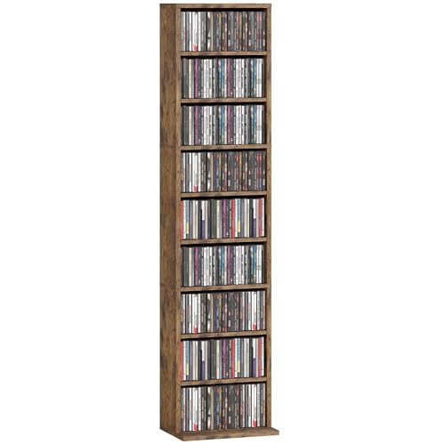 HOMCOM 260 CD/120 DVD Storage Unit Blu-ray Media Storage Shelf with 9 Compartments and 6 Adjustable Shelves CD Tower for Living Room Bedroom Office Rustic Brown