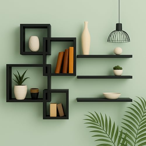 Image of Wall Shelves for Living Room and Bedroom Wall Decor | Wooden Wall Shelves for Wall Mounting (Black)