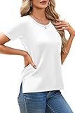 Herou Summer White Tops for Womens Short Sleeve T-Shirt High Low Hem Tees with Side Split White Small