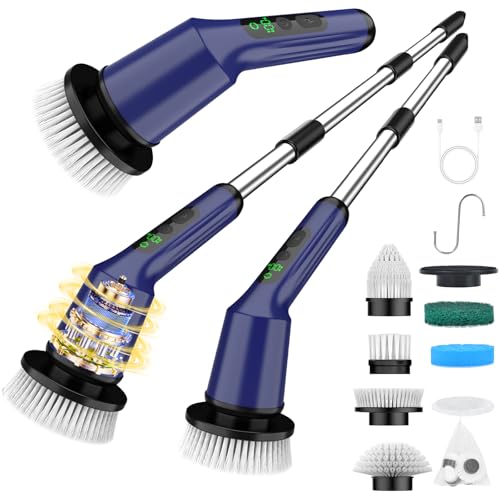 Image of Shower Scrubber with Long Handle, Bathroom Cleaner Brush with 8 Brush Heads, Cordless Electric Spin Scrubber for Cleaning with 2 Speed, Cleaning Supplies for Bathtub Kitchen Floor Navy