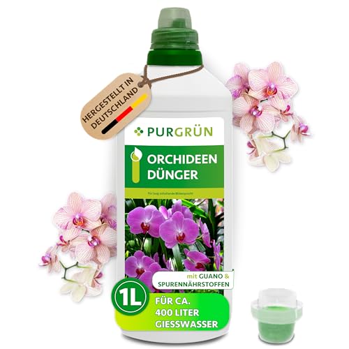 Purgrün® Orchideendünger 1 Liter – Lang anhaltende Blütenpracht dank Guano – Vollspektrum Nährstoffe für gesundes Wachstum – Konzentrat für ca. 400 Liter Gießwasser – Premium-Flüssigdünger
