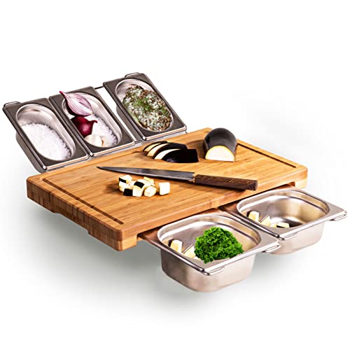 Sitaitong Schneidebrett aus Premium Bio-Bambus Holz, 43x28cm extra großes Schneidebrett, Frankfurter brett mit Halterung und 5 Edelstahl-Schalen, mit Saftrille und Anti-Rutsch-Füße Cover