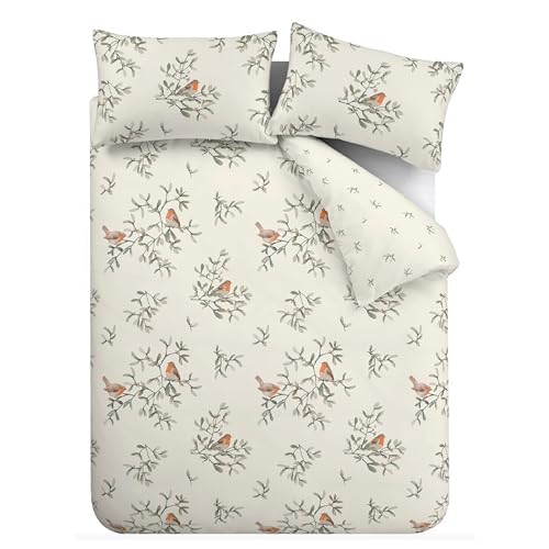 Catherine Lansfield Brushed Mistletoe Robins Cotton Reversible King Duvet Cover Set with Pillowcases Cream - Image 5