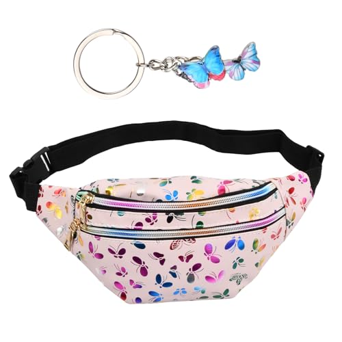 Shengxi Riñonera Niña Moda Riñoneras Brillante con DecoracióN de Mariposa Impermeable Riñonera de Cuero PU para Mujer con Llavero de Mariposa Bolsa de Cintura Multifuncional para Viaje (Rosa)