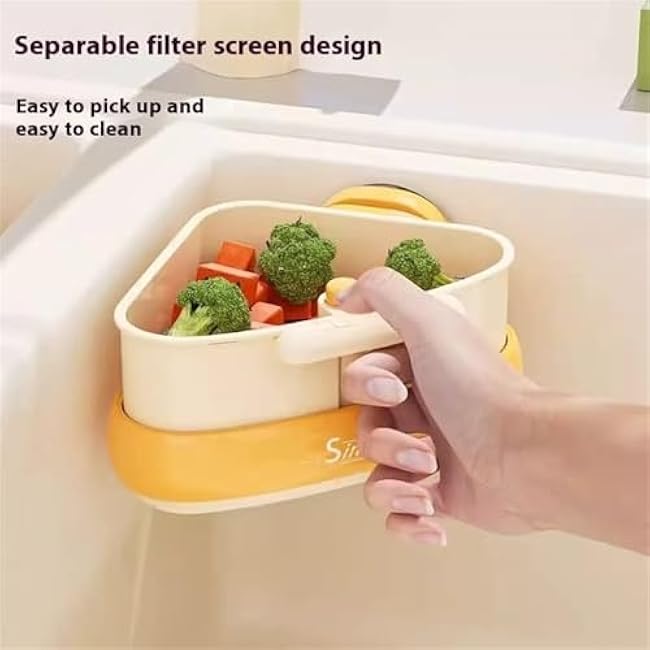 Curetoaway/Wideous Suction Cup Sink Corner Rack, Suction Cup Storage Rack with Drain Hole, Plastic Sink Storage Rack Holder, Triangular Sinks Basket Shelf with SuctionCup Sucker (Yellow)