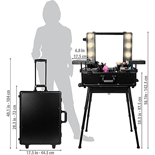 Image of Adson Rolling Makeup Trolley Makeup Box Case Train Vanity Case Storage Hairdressing Organiser for Salon, Artist Aluminum Cosmetic Storage Organizer with Light and Mirror (Black) 43.2 x 25.4 x 62.5 cm