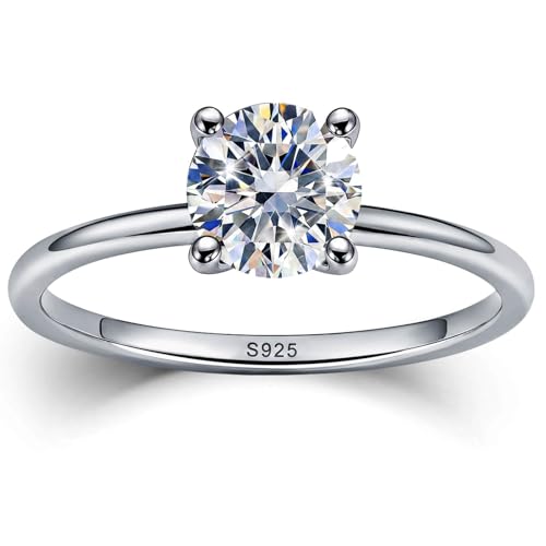 WES 1CT Solitaire Moissanite Engagement Ring - Hypoallergenic 925 Sterling Silver with 14K White Gold Plated Round Cut D Color VVS1 Clarity Moissanite Rings for Women, Size 9