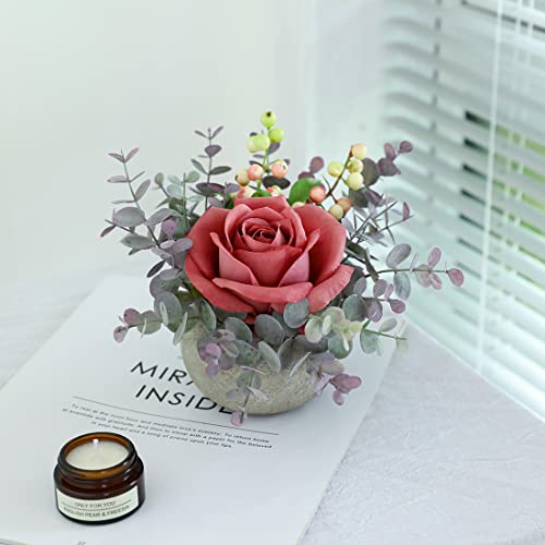 Rosscer Artificial Flowers Kit With Pot, Combination Of Fake Silk Pink Roses And Greenery,Small Plant Potted Decor For Offices,Bookshelf,Bedroom, Living Room,Party,Wedding Decorations… #TOP3