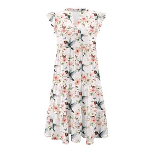 Image of Women's Casual Ruffle Sleeve Dress V Neck Pullover Dress Flowy A-Line Pleated Lightweight Dress with Pockets