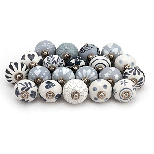 Image of ROCOCO Ceramic Knobs and Pulls - Vintage Assorted Blue Pottery Drawer Handle for Kitchen Cabinets Door Home Interior Decor Hardware - Grey - Pack of 20 Knobs