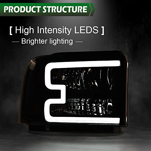 Image of GRAND ORANGE LED Pair Headlights Assembly W /Harness, Compatible with Ford F250 F350 F450 F550 2005 2006 2007, Fit Ford Excursion 2005, Smoky Lens Black Housing Clear Reflector, faros delanteros