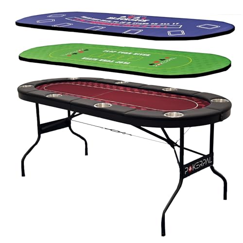 8 Player Poker Table with 2 Interchangeable Game mats Texas Holdem and Blackjack Collapsible Casino Table with Padded Rails and XXL Cup Holders for Wine and Whiskey Glasses (71 in) - Burgundy