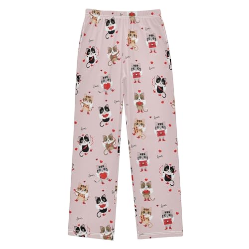 Kitten Cat with Love Heart Boys Long Pants Soft Trousers Elastic Waist Kids Lounge Bottoms with Pockets S-XL