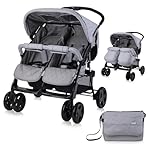 Lorelli Zwillingskinderwagen Twin, Zwillingsbuggy klappbar für 2 Kinder, leicht, kompakter Zwillingswagen, Geschwister Kinderwagen mit Einhand-Klappsystem, grau
