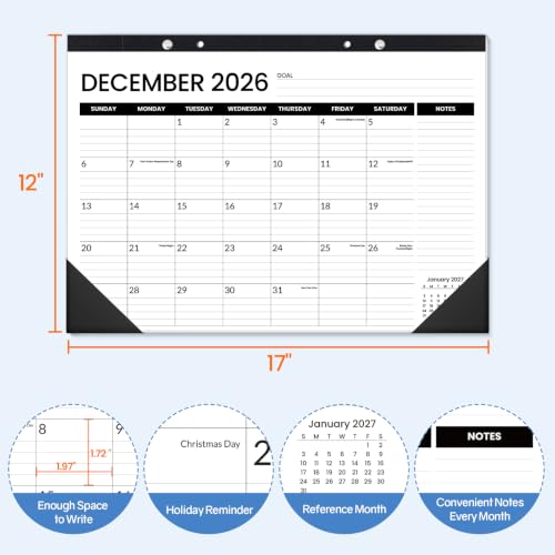 Image of SUNEE Desk Calendar 2027 - 17 inch x 12 inch Desk Pad Calendar, 18-Month Monthly Planner Oct. 2026 - Mar. 2028, Desktop Calendar with 308 Planner Stickers, Plastic Protective Corners for Office, School and Home, Black