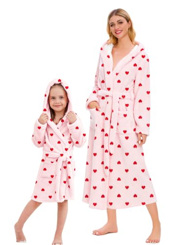 Image of Umeyda Girls & Women Fleece Hooded Robes, Soft Fuzzy Bathrobe Warm Plush Fluffy Bath Robe for Kids Womens