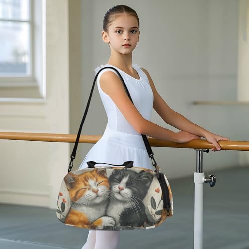 Duffle Bag for Boys or Girls with Shoes Compartment, Cats in Love Among Flowers Sports Travel Bag Overnight3