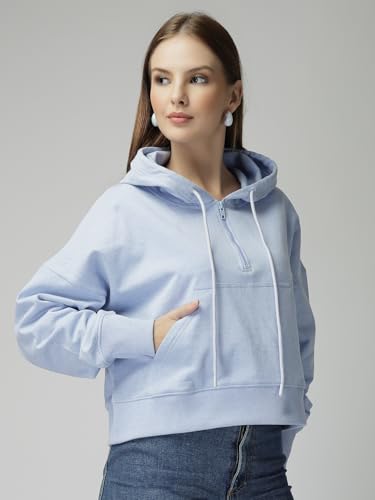 Image of Unifirnge Casual Wear Solid Crop Zipper Jacket Hooded Neck Full Sleeves Hoodie for Women Hoodies Women Stylish Sweater for Woman Stylish Cotton Blend Fleece Hoodie Winter wear Hood Regular Fit