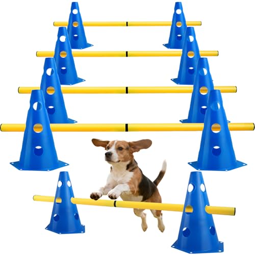 Agility Set per Cani Ostacoli per Bambini, Ostacoli per Cani con 8 Coni 32cm di Altezza + 8 Aste Lunghe 80cm, Set di Siepi Agility, per Cane Il Lavoro di Coordinamento