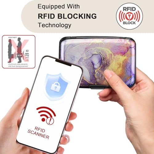 Image of ELFISH Mini RFID Aluminum Wallet Credit Cards Holder Business Card Case Metal ID Case for Men Women, Light Purple Marble, 4.33 x 2.95 x 0.73 inches, Compact