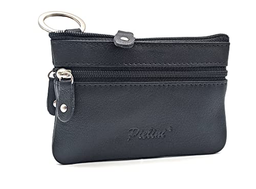Llavero Monedero para Hombre con Cremallera. Fabricado en Piel por Pielini. 3 Cremalleras y Llavero. Espacios para Monedas, Tarjetas y Billetes. Diseñado en España (Negro)