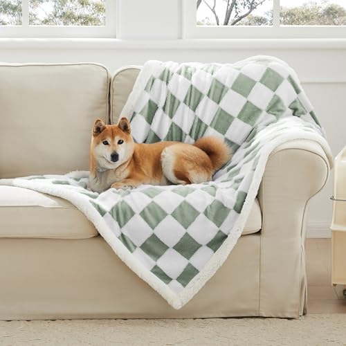 Checkered Dog Blanket, Sage Green Jacquard Sherpa Blankets for Sm...