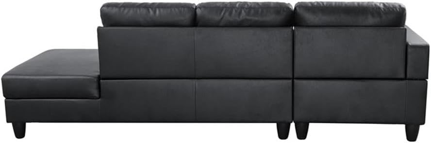 Pemberly Row L-Shaped 2-Piece Sofa Set, Black Faux Leather, Includes Chaise Lounge and Recliner, Modern Design, Toss Pillows, Living Room Seating for Apartments or Small Spaces