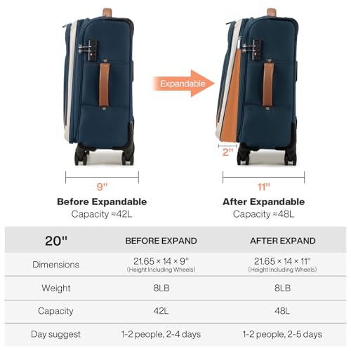 mixi Valise à main extensible de 20 pouces avec poche avant, valises de voyage légères à roulettes approuvées par les compagnies aériennes 22x14x9 avec roulettes et TSA (bleu foncé-blanc cassé) – Image 5