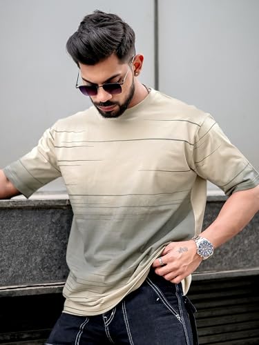 Image of Maniac Men Spray Print Round Neck 3 /4th Sleeve Beige and Grey Cotton Oversized T-Shirt