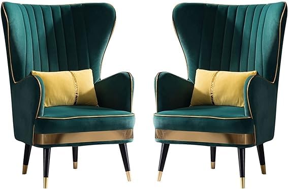Sky Rise Decor Luxury Chair Wing Velvet Accent Chair Armchair Royal Stylish Single Seater Sofa Chair with Golden Strips Living Room Lounge Bedroom (Set of 2 Chairs)
