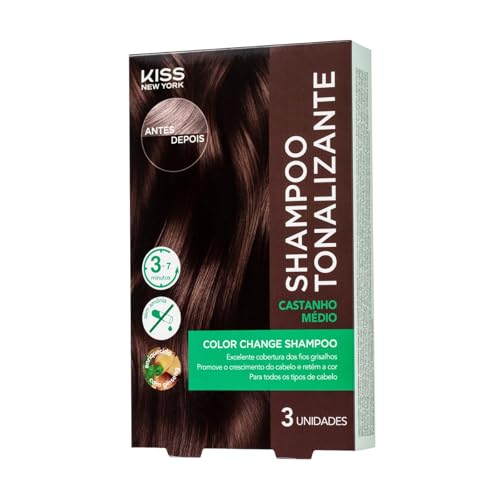 Shampoo Tonalizante Kiss New York Castanho Médio, Caixa Com 3x30ml, Cobertura de Fios Grisalhos, Coloração Sem Amônia, Enriquecido Com Ginseng