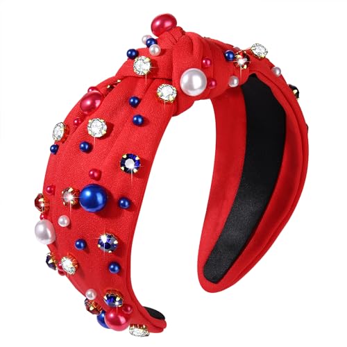 GLBCC 4th of July Knotted Headband -USA Patriotic Red White Blue Pearl Rhinestone Hairband -American Flag Fourth of July Fashion Head Band Hair Accessories Gift